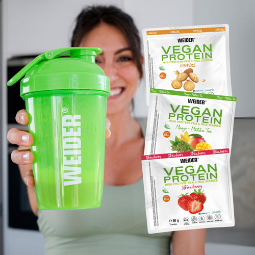 Weider Vegan Protein Mango-Matcha, Fresa y Cookies en DisfrutaBox Pura Vida
